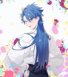  1boy alternate_costume back cu_chulainn_(fate) cu_chulainn_(fate/prototype) e_(h798602056) earrings fate/grand_order fate/prototype fate_(series) highres jewelry long_hair looking_back male_focus open_mouth paint_splatter ponytail red_eyes shirt smile solo white_shirt 