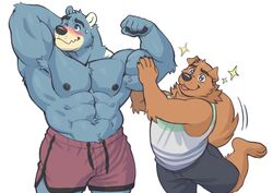  2021 abs absurd_res adios anthro biceps bottomwear clothed clothing digital_media_(artwork) flexing fur group hi_res male mammal muscle_worship muscular muscular_anthro muscular_male nipples pecs 