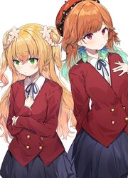  2girls blazer blonde_hair blue_skirt blush commentary_request double_bun green_eyes green_hair hair_bun highres hololive hololive_english inuyayo jacket long_hair long_sleeves momosuzu_nene multicolored_hair multiple_girls neck_ribbon oohashi_high_school_uniform orange_hair orange_headwear purple_eyes red_jacket ribbon school_uniform shirt simple_background skirt takanashi_kiara toradora! two-tone_hair two_side_up virtual_youtuber white_background white_shirt 