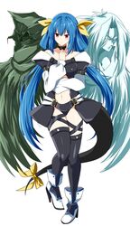  angel_wings asymmetrical_wings bare_shoulders belt blue_hair blush breasts center_opening choker cleavage commentary_request commission detached_sleeves dizzy_(guilty_gear) female frown full_body green_wings guilty_gear guilty_gear_x guilty_gear_xx hair_between_eyes hair_ribbon hair_rings high_heels highres large_breasts leg_up long_sleeves looking_at_viewer midriff navel necro_(guilty_gear) puffy_long_sleeves puffy_sleeves red_eyes ribbon rise_(rise19851203) shoes simple_background skeb_commission solo tail tail_ornament twintails undine_(guilty_gear) white_background white_footwear white_wings wings yellow_ribbon 