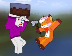  axe block canid canine clothing duo fox game_item heterochromia hi_res holding_block holding_game_item holding_object male male/male mammal matsu_(character) melee_weapon microsoft minecraft minecraft_block mojang pixelated reversecall weapon xbox_game_studios 