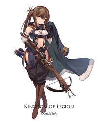  arrow_(projectile) boots breasts brown_eyes brown_hair copyright_name eruthika female fingerless_gloves full_body gloves highres holding holding_clothes holding_weapon kingdom_of_legion long_hair looking_at_viewer medium_breasts midriff navel side_ponytail simple_background smile solo weapon white_background 