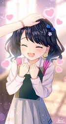  2girls arms_up artist_name backpack bag blue_hair blurry blurry_background blush book closed_eyes collared_shirt commentary dark_blue_hair dress_shirt fangs flower fukumaru_koito grey_skirt hair_flower hair_ornament hands_up happy headpat heart highres holding holding_book hugging_object idolmaster idolmaster_shiny_colors long_skirt long_sleeves multiple_girls nail_polish open_mouth pink_bag pink_nails pleated_skirt pov pov_hands shirt short_hair short_twintails simple_background skirt smile solo_focus soramame_tomu swept_bangs twintails two_side_up v_arms watermark white_shirt 