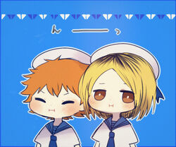  2boys ayu_(mog) blonde_hair blue_background blush brown_eyes closed_eyes haikyuu!! hat hinata_shouyou kozume_kenma male_focus multiple_boys orange_hair sailor_collar sailor_hat upper_body 