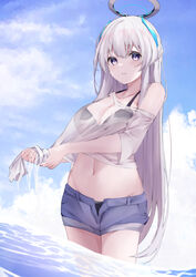  bikini black_bikini blue_archive breasts cleavage day denim denim_shorts female halo highres hojiro_same large_breasts light_blush long_hair looking_at_viewer mechanical_halo navel noa_(blue_archive) outdoors see-through shirt shorts solo standing swimsuit water wet white_hair wringing_clothes 