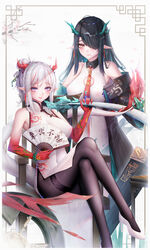  2girls :p absurdres aqua_gloves arknights bad_id bad_pixiv_id bare_shoulders binggong_asylum black_hair black_jacket black_legwear blush breasts chair china_dress chinese_clothes colored_skin covered_navel covered_nipples crossed_legs dragon_girl dragon_horns dragon_tail dress dusk_(arknights) earrings elbow_gloves flame-tipped_tail folding_fan gloves gradient_skin hair_ornament hair_over_one_eye hair_stick hand_fan high_heels highres holding holding_another&#039;s_tail holding_fan horns incest jacket jewelry large_breasts licking_another&#039;s_tail long_hair long_sleeves looking_at_another multiple_girls necktie nian_(arknights) nian_(unfettered_freedom)_(arknights) oerba_yun_fang off_shoulder official_alternate_costume open_clothes open_jacket orange_eyes pantyhose pelvic_curtain planted planted_sword pointy_ears ponytail purple_eyes red_necktie red_skin saliva short_hair siblings simple_background sisters sitting skin_fang sleeveless standing sword tail thighband_pantyhose tongue tongue_out translation_request weapon white_background white_dress white_footwear white_hair yuri 