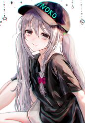  baseball_cap black_hat black_shirt blush bow braid casual chromatic_aberration closed_mouth cowboy_shot female grey_hair hairbow hat highres hoshi_syoko idolmaster idolmaster_cinderella_girls long_hair looking_at_viewer mushroom red_bow shirt shorts single_braid sitting smile solo t-shirt twintails uzura_(piroro-foo) very_long_hair white_hair white_shorts 