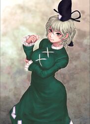  :/ arm_under_breasts blurry breasts closed_mouth depth_of_field dress envenomist_(gengoroumaru) feet_out_of_frame female frills from_above green_dress green_eyes grey_hair hair_between_eyes hand_up hat highres large_breasts long_sleeves one-hour_drawing_challenge short_hair sleeves_past_wrists soga_no_tojiko solo standing tate_eboshi touhou 