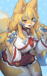  :3 animal_ear_fluff animal_ears animal_hands animal_nose artist_name belt black_choker blonde_hair blue_background blue_eyes blue_hair blunt_bangs blush body_fur bow breasts capelet choker claws commentary commission cowboy_shot english_commentary fangs female fox_ears fox_girl fox_tail frilled_shirt frilled_sleeves frills furry furry_female hair_ornament hands_up highres large_breasts leaning_forward long_hair long_sleeves looking_at_viewer miniskirt multicolored_hair necktie open_mouth original pawpads red_necktie red_skirt shirt short_necktie sidelocks signature simple_background skeb_commission skirt snout solo standing star-shaped_pupils star_(symbol) star_choker star_hair_ornament starry_background streaked_hair suurin_(ksyaro) symbol-shaped_pupils tail thick_thighs thighhighs thighs twitter_username two-tone_fur two-tone_hair v-shaped_eyebrows very_long_hair white_capelet white_fur white_shirt white_thighhighs wide_hips yellow_bow yellow_fur zettai_ryouiki 