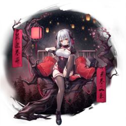  alic_miao azur_lane black_dress black_footwear black_legwear branch breasts clothing_cutout cross cross_necklace dress female flower grey_hair hair_ornament highres jewelry lantern large_breasts leg_up looking_at_viewer medium_hair necklace night night_sky official_alternate_costume official_art pillow red_eyes round_image sitting_on_branch sky smile star_(sky) starry_sky thigh_strap thighhighs translated transparent_background u-410_(azur_lane) u-410_(spring_festival_scheme)_(azur_lane) 