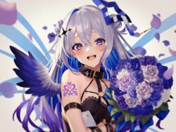  :d amane_kanata amane_kanata_(another_world) angel angel_wings arm_tattoo birthday blue_hair bouquet collar colored_inner_hair double_bun female flower grey_hair hair_between_eyes hair_bun highres hololive long_hair looking_at_viewer multicolored_hair official_alternate_costume open_mouth purple_eyes sleeveless smallpine_7 smile solo strapless tattoo tube_top upper_body virtual_youtuber wings 