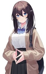  backpack bag black_skirt blue_eyes blush bow breasts brown_cardigan brown_hair cardigan closed_mouth collared_shirt commentary_request dress_shirt female hair_between_eyes hairbow highres long_hair long_sleeves looking_at_viewer medium_breasts mizu_(lzzrwi603) open_cardigan open_clothes original pleated_skirt school_uniform shirt simple_background skirt sleeves_past_wrists solo steepled_fingers white_background white_bow white_shirt 