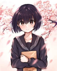  bad_id bad_pixiv_id black_hair black_sailor_collar black_serafuku bob_cut book branch brown_eyes cherry_blossoms closed_mouth collarbone commentary female hair_between_eyes highres holding holding_book hugging_object light_blush light_smile looking_at_viewer loose_hair_strand original sailor_collar school_uniform serafuku short_hair solo textbook uniform upper_body yolandabaka 