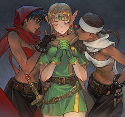  3: 3girls artist_name belt black_hair blonde_hair blue_eyes bracelet breasts brown_hair cleavage commentary cowboy_shot dark-skinned_female dark_skin dungeons_&amp;_dragons dungeons_&amp;_dragons:_shadow_over_mystara earrings elf english_commentary fingerless_gloves forehead_jewel girl_sandwich gloves green_gloves hand_on_own_hip headband heart highres hoop_earrings jewelry long_hair long_pointy_ears looking_to_the_side lucia_(d&amp;d) medium_breasts moriah morry multiple_girls navel necklace one_eye_closed own_hands_clasped own_hands_together pants parted_lips pointy_ears ponytail red_hood red_scarf sandwiched scarf shannon_(d&amp;d) short_hair shoulder_pads studded_gloves sword tan thief toned tunic weapon white_scarf yuri 