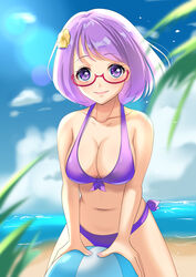  aikatsu!_(series) aikatsu_stars! ball bare_arms beach beachball bikini blue_sky blurry blurry_foreground breasts cleavage cloud collarbone day female flower front-tie_bikini_top front-tie_top glasses hair_flower hair_ornament halterneck large_breasts looking_at_viewer medium_hair nanakura_koharu navel ocean outdoors purple_bikini purple_eyes purple_hair red-framed_eyewear rinkapix side-tie_bikini_bottom sky solo summer swimsuit yellow_flower 