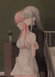  2girls bare_arms bare_shoulders bed black_pantyhose black_shorts black_sweater blush breasts brown_eyes chihuri closed_mouth commentary_request dress flower grey_eyes grey_hair hair_between_eyes highres holding_hands indoors long_hair long_sleeves medium_breasts multiple_girls nightstand original pantyhose pantyhose_under_shorts photoshop_(medium) pink_flower pink_hair ribbed_sweater short_shorts shorts sleeveless sleeveless_dress smile sweater turtleneck turtleneck_sweater vase very_long_hair white_dress yana_(chihuri) yuri zoya_petrovna_vecheslova 