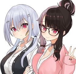  2girls alternate_costume alternate_hairstyle arm_hug bandaid bandaid_on_face bespectacled black-framed_eyewear black_bow black_hair black_jacket blunt_bangs blush bow breasts bruise button_gap cardigan choco_tanuki collar collared_shirt dress_shirt glasses grey_hair hair_between_eyes hair_bun hair_over_eyes hair_over_shoulder hairbow hakase_fuyuki highres injury jacket large_breasts long_hair long_sleeves looking_at_viewer low_twintails multicolored_clothes multicolored_hair multicolored_jacket multiple_girls nijisanji pink_cardigan red_eyes red_hair shirt simple_background single_hair_bun sleeves_past_wrists smile split-color_hair streaked_hair twintails two-tone_hair two-tone_jacket upper_body v virtual_youtuber white_background white_jacket white_shirt yorumi_rena 