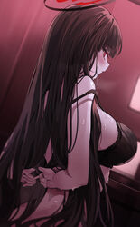  absurdres bare_shoulders black_hair blue_archive blunt_bangs blush bra breasts female hair_ornament halo highres lace-trimmed_bra lace_trim large_breasts long_hair looking_at_viewer parted_lips red_eyes rio_(blue_archive) solo steam sweat underwear very_long_hair yuki_(asayuki101) 