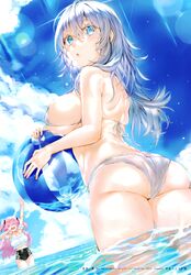  2girls absurdres arm_up ass ball bare_shoulders beachball bikini blue_eyes blue_sky blurry blurry_background blush breasts bursting_ass bursting_breasts butt_crack closed_mouth day from_behind grey_hair hands_up highres holding kou_mashiro large_breasts long_hair multiple_girls open_mouth original outdoors page_number partially_submerged pink_hair scan see-through skindentation sky sunlight swimsuit thighs undersized_clothes water water_drop wet white_bikini 