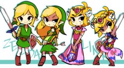  alternate_costume blonde_hair bow_(weapon) clothed clothing clothing_swap crossdressing dress duo female gloves green_clothing hair handwear humanoid hylian male mammal melee_weapon nintendo not_furry pink_clothing pink_dress princess_zelda ranged_weapon shield simple_background sword the_legend_of_zelda toon_link toon_zelda torn_clothing unknown_artist weapon white_background wind_waker 