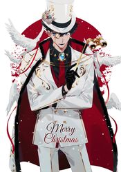  1boy animal binoculars bird black_gloves black_hair black_shirt blue_eyes brooch cape collared_shirt cowboy_shot dove dress_shirt formal gloves hair_between_eyes hat highres holding jacket jewelry kaitou_kid kidkuroba4869 long_sleeves looking_away lorgnette magic_kaito male_focus merry_christmas monocle necktie open_mouth opera_glasses pants red_necktie shirt short_hair simple_background smile solo standing suit top_hat white_background white_cape white_hat white_jacket white_pants white_suit 