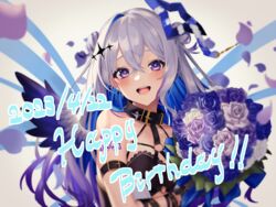  :d amane_kanata amane_kanata_(another_world) angel angel_wings arm_tattoo birthday blue_hair bouquet collar colored_inner_hair double_bun female flower grey_hair hair_between_eyes hair_bun happy_birthday highres hololive long_hair looking_at_viewer multicolored_hair official_alternate_costume open_mouth purple_eyes sleeveless smallpine_7 smile solo strapless tattoo tube_top upper_body virtual_youtuber wings 