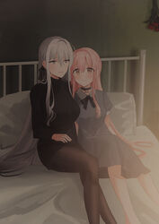  2girls black_bow black_choker black_shorts black_sweater blush bow breasts brown_eyes brown_legwear chihuri choker closed_mouth collared_dress commentary_request dress flower grey_dress grey_eyes grey_hair hair_between_eyes hairbow highres indoors long_hair medium_breasts multiple_girls on_bed original pantyhose pantyhose_under_shorts parted_lips photoshop_(medium) pillow pink_hair puffy_short_sleeves puffy_sleeves red_flower red_rose ribbed_sweater rose short_shorts short_sleeves shorts sitting smile sweater very_long_hair yana_(chihuri) zoya_petrovna_vecheslova 