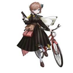  bag belt bicycle blue_eyes blush breasts brown_belt brown_dress brown_footwear brown_hair browning_hi-power butterfly_hair_ornament dress female full_body girls&#039;_frontline gun hair_ornament handgun holding holding_gun holding_weapon hp-35_(girls&#039;_frontline) long_sleeves official_art open_mouth reoen short_hair small_breasts solo striped_clothes striped_dress transparent_background weapon white_legwear 