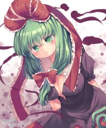  arms_behind_back black_dress blush bow breasts cleavage closed_mouth dress female frilled_ribbon frills front_ponytail green_eyes green_hair hair_ribbon hairbow highres kagiyama_hina kemo_chiharu large_breasts leaning_forward long_hair looking_at_viewer medium_breasts puffy_short_sleeves puffy_sleeves red_bow red_ribbon ribbon short_sleeves solo touhou upper_body 