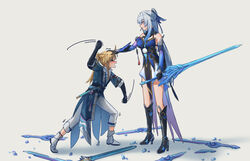  1boy absurdres black_footwear black_gloves blonde_hair blue_dress blue_jacket boots commentary_request detached_sleeves dress female gloves grey_background grey_hair height_difference high_heel_boots high_heels highres holding holding_sword holding_weapon honkai:_star_rail honkai_(series) jacket jingliu_(honkai:_star_rail) ling_yuer long_hair long_sleeves pants partial_commentary ponytail reverse_grip simple_background sleeveless sleeveless_dress standing sword very_long_hair weapon white_footwear white_pants yanqing_(honkai:_star_rail) 