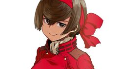  akira_(manga) alternate_costume black_hair bow closed_mouth commentary female girls_und_panzer girls_und_panzer_ribbon_no_musha hair_ribbon hairbow half-closed_eyes jacket large_bow looking_at_viewer mole mole_under_eye nogami_takeshi portrait red_bow red_eyes red_jacket red_ribbon ribbon short_hair simple_background smile solo tsuruki_shizuka white_background 