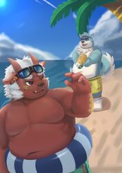  2021 aipangpangdeyua anthro beach belly blue_body blue_fur canid canine canis clothing demon domestic_dog duo eyewear eyewear_on_head fur hi_res horn humanoid_hands kemono male mammal navel outside overweight overweight_male red_body seaside sunglasses sunglasses_on_head swimwear water white_body white_fur 