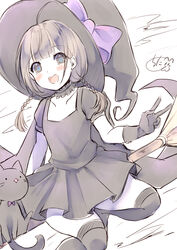  :d animal black_cat black_dress black_gloves black_hair black_hat black_thighhighs blue_eyes blush bow braid broom broom_riding chita_(ketchup) collarbone commentary_request diamond_mouth dress feet_out_of_frame feline female gloves hat hat_bow highres long_hair low_twintails open_mouth original puffy_short_sleeves puffy_sleeves purple_bow short_sleeves signature smile solo thighhighs twin_braids twintails v white_background witch witch_hat 