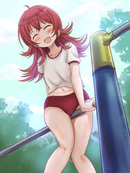  blush brown_hair buruma closed_eyes cloud commentary_request crotch_rub female female_masturbation gopogopo gym_uniform idolmaster idolmaster_shiny_colors komiya_kaho legs long_hair masturbation masturbation_through_clothes open_mouth outdoors railing red_buruma shirt short_sleeves sky smile solo straddling thighs white_shirt 