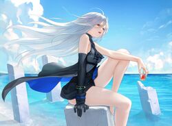  alcohol arknights arm_rest arm_support ascot bare_arms bare_legs bare_shoulders barefoot beach black_ascot black_dress black_gloves blue_sky bracelet breasts cloud cloudy_sky commentary_request crack cup day dress drinking_glass egk513 feet_out_of_frame female floating_hair from_side gloves hair_between_eyes highres holding holding_cup horizon jewelry korean_commentary long_hair looking_at_viewer ocean outdoors outstretched_arm parted_lips pillar red_eyes ribbon_trim shore short_dress single_glove sitting skadi_(arknights) sky sleeveless sleeveless_dress solo two-sided_fabric very_long_hair white_hair wind wine 