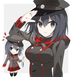  absurdres akitsu_maru_(kancolle) akitsu_maru_kai_(kancolle) black_eyes black_hair black_headwear black_legwear breasts fathom female hat highres kantai_collection large_breasts military military_hat military_uniform miniskirt pale_skin peaked_cap plaid plaid_skirt pleated_skirt red_skirt short_hair skirt thighhighs uniform 