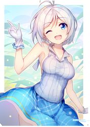  .live ;d absurdres ahoge antenna_hair backless_outfit bare_shoulders blue_eyes blue_skirt breasts dated dennou_shoujo_siro female gloves grey_hair hand_up head_tilt highres index_finger_raised looking_at_viewer medium_breasts nijihashi_sora one_eye_closed open_mouth page_number shiny_skin short_hair simple_background skirt sleeveless smile solo striped vertical_stripes virtual_youtuber white_gloves white_hair 