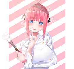  blue_eyes blunt_bangs blush breasts butterfly_hair_ornament chef cream female go-toubun_no_hanayome hair_ornament heart holding holding_whisk large_breasts licking licking_finger medium_hair nakano_nino nasubi_(nasubi555) pink_hair ponytail simple_background smile tongue tongue_out whisk 