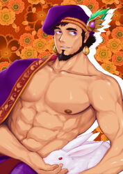  1boy abs bara bare_pectorals beard ear_piercing facial_hair feather_hair_ornament feathers feeding hadanugi_dousa hair_ornament headwear_request highres large_pectorals male_focus mature_male muscular muscular_male nipples ookuninushi_(p&amp;d) pectorals piercing purple_eyes puzzle_&amp;_dragons rabbit short_hair single_bare_shoulder smile solo stomach upper_body zhangp 