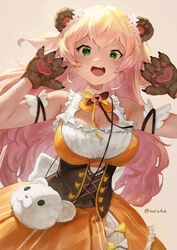  :d animal_bag animal_ears armband bear_bag bear_ears bear_paws blonde_hair bow bowtie breasts brown_bow brown_bowtie cleavage cleavage_cutout clothing_cutout commentary corset cutout_above_navel dress female flower frilled_shirt frills gradient_background green_eyes hair_flower hair_ornament highres hololive large_breasts light_blush long_hair momosuzu_nene momosuzu_nene_(1st_costume) multicolored_bow multicolored_bowtie oerba_yun_fang open_mouth orange_bow orange_bowtie orange_shirt orange_skirt shirt skirt sleeveless sleeveless_dress smile solo stuffed_animal stuffed_toy two-tone_dress two_side_up underbust upper_body virtual_youtuber white_flower yellow_bow yellow_bowtie zeradok 