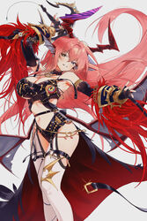  absurdres arms_up bare_shoulders black_gloves blue_eyes breasts chaos_(dungeon_and_fighter) choker crop_top dungeon_and_fighter elbow_gloves female fingerless_gloves garter_straps gloves green_eyes heterochromia highres holding holding_weapon horns kirari_(kira_rin9) knight_(dungeon_and_fighter) large_breasts long_hair looking_at_viewer multicolored_horns navel o-ring parted_lips pink_hair revealing_clothes simple_background smile solo sword thighhighs very_long_hair weapon white_background white_thighhighs wings 