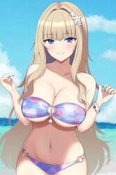  bandeau bare_arms bare_shoulders bikini blue_eyes blue_nails blue_sky blush bracelet breasts cleavage closed_mouth cloud collarbone commentary cowboy_shot curled_fingers day dolphin_wave female hair_intakes hair_ornament hands_up highres jewelry kirahoshi_kanna large_breasts light_brown_hair long_hair looking_at_viewer nail_polish navel o-ring o-ring_bikini o-ring_bottom o-ring_top ocean outdoors purple_bikini sidelocks sky smile solo standing star_(symbol) star_hair_ornament stomach strapless strapless_bikini surippa1010 swimsuit underboob very_long_hair w_arms 