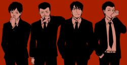  4boys black_necktie black_suit blood chuukan_kanriroku_tonegawa clenched_teeth doushita_kouji ebitani_(chuukan_kanriroku_tonegawa) formal furrowed_brow hands_in_pockets kaiji lineup looking_at_viewer male_focus monochrome multiple_boys necktie nosebleed red_background red_theme saemonsaburou_jirou sideways_glance simple_background suit teeth wiping_blood wiping_nose yamazaki_kenji yomo_(rb_crr) 