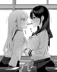  2girls blush breasts byte_(allbyte) commentary desk eye_contact food greyscale highres indoors large_breasts long_hair looking_at_another medium_breasts monochrome mouth_hold multiple_girls original pleated_skirt pocky pocky_day pocky_kiss school_desk school_uniform serafuku sidelocks skirt standing sweat window yuri 