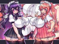  2girls absurdres ahoge black_skirt black_thighhighs breasts cleavage crawling_dreams creator_connection curvy heart heart-shaped_pupils highres indie_virtual_youtuber kireina_(osiimi) large_breasts long_hair maid maid_headdress multiple_girls nyarla_(osiimi) orange_hair osiimi pink_skirt purple_eyes purple_hair skirt symbol-shaped_pupils thick_thighs thighhighs thighs twintails v virtual_youtuber zoom_layer 