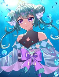  bow breasts bubble collarbone double_bun female finana_ryugu finana_ryugu_(2nd_costume) fins fish_girl floating_hair green_hair hair_bun halterneck head_fins highres looking_at_viewer medium_breasts nijisanji nijisanji_en obi off_shoulder official_alternate_costume pinkzwei purple_bow purple_eyes sash smile solo tiara twintails underwater virtual_youtuber 