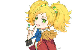  ;d absurdres aikatsu!_(series) aikatsu_stars! blonde_hair blue_bow bow bowtie braid epaulettes female green_eyes hair_bobbles hair_ornament highres index_finger_raised kippu long_sleeves looking_at_viewer nikaido_yuzu one_eye_closed open_mouth s4_uniform side_braid signature simple_background single_braid smile solo twintails upper_body 