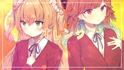  2girls blazer blonde_hair blue_skirt blush commentary_request double_bun green_eyes green_hair hair_bun highres hololive hololive_english inuyayo jacket long_hair long_sleeves momosuzu_nene multicolored_hair multiple_girls neck_ribbon official_art oohashi_high_school_uniform orange_hair purple_eyes red_jacket ribbon school_uniform second-party_source shirt skirt song_name takanashi_kiara toradora! two-tone_hair two_side_up virtual_youtuber white_shirt 