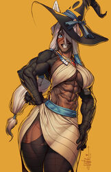  abs absurdres animal_ears black_hat black_thighhighs blending blue_eyes breasts dark-skinned_female dark_skin egyptian egyptian_clothes english_commentary female gorget grin hair_tubes halloween_costume hands_on_own_hips hat highres joseph_virtuoso large_breasts long_hair looking_at_viewer low-tied_long_hair mechanical_arms midriff muscular muscular_female narrow_waist navel notched_ear original redrawn side_slit sidelocks single_animal_ear skirt smile solo taiga_damada_(joseph_virtuoso) thighhighs underboob white_skirt witch_hat yellow_background 