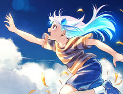  blue_hair blue_sky cloud commentary_request cosplay female hair_ornament highres lize_helesta lucas_(mother_3) lucas_(mother_3)_(cosplay) mother_(game) mother_3 multicolored_hair nijisanji petals reaching running sakino_shingetsu shirt shoes short_sleeves shorts sky socks solo striped_clothes striped_shirt t-shirt tears two-tone_hair virtual_youtuber white_hair white_socks 